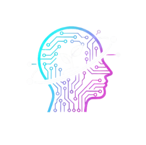 Logo AI Made Simple Logo design of a human head silhouette made of circuit lines with a sprouting plant inside, symbolizing AI, technology, and growth, in gradient colors of blue and pink on a dark blue background.